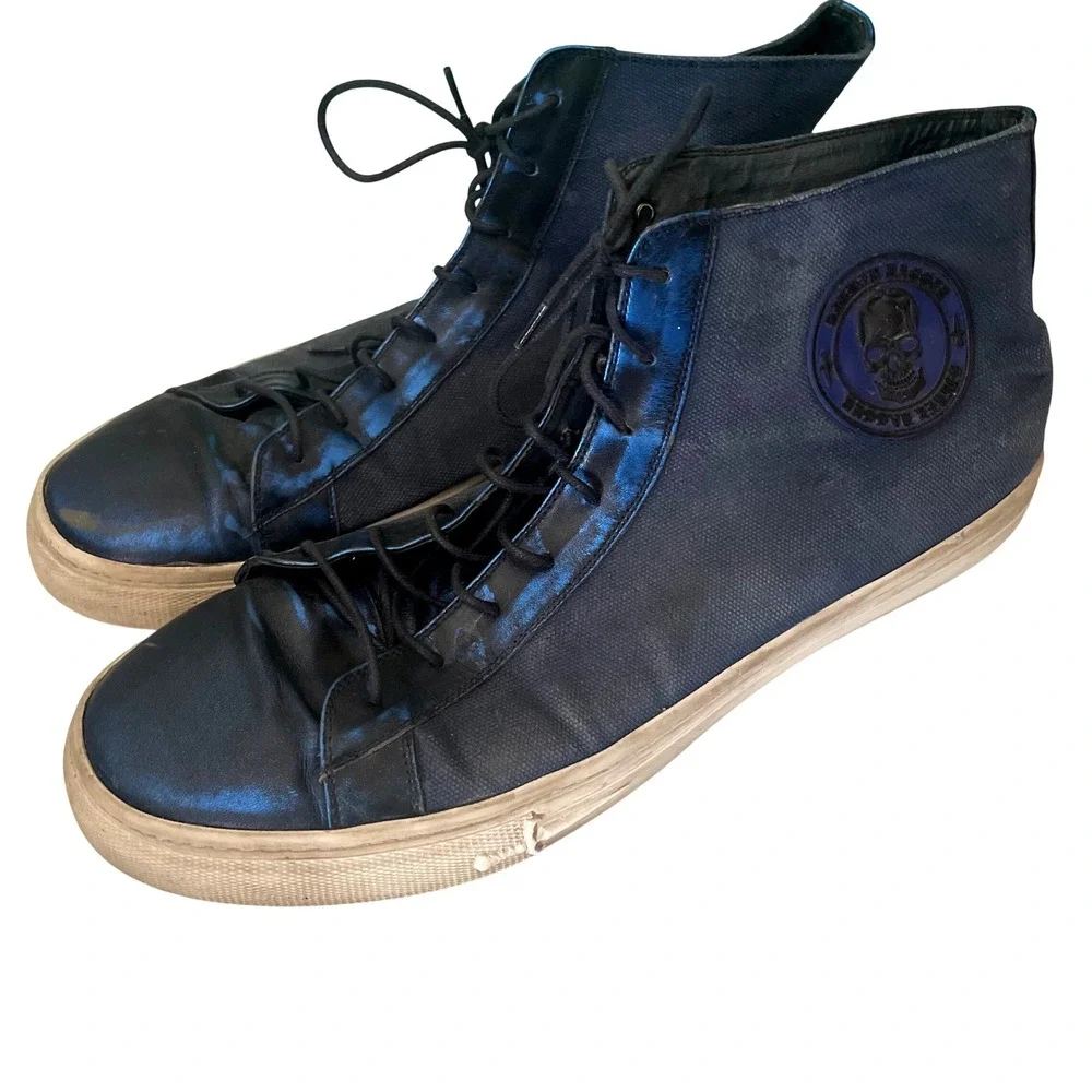 Silver Dagger Metallic Blue + Navy High Top Sneakers Mens 11 RARE Skull Patch‎